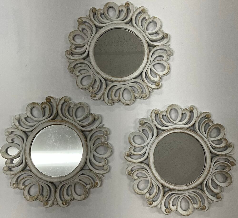 Set of 3 Decorative White/Gold Round Wall Mirrors 10X10 Lightweight